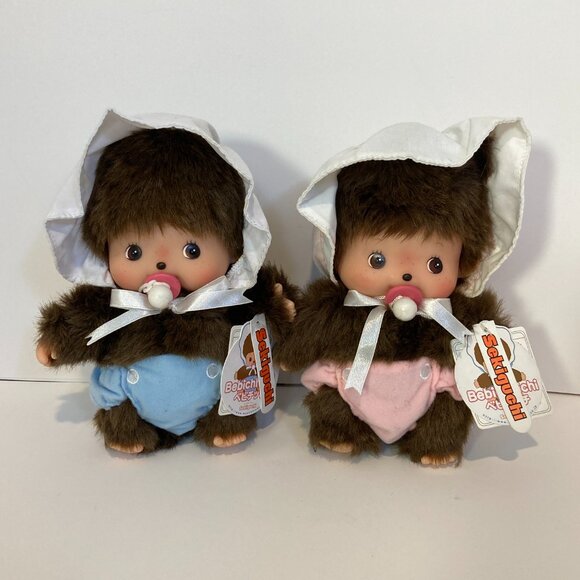 Monchhichi Bebichhichi 25cm Pair Doll Plush Toy Boy Girl Sekiguchi Japan Tag - Picture 1 of 15